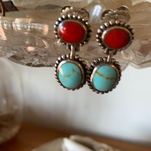 Sterling Earrings with Red Coral & Turquoise drops